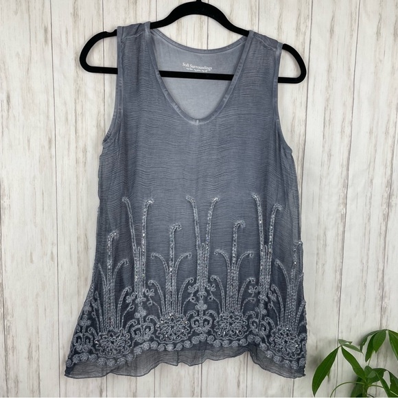 Soft Surroundings Silk Romance Sequin Embroidered Charcoal Grey Tank - Picture 3 of 9
